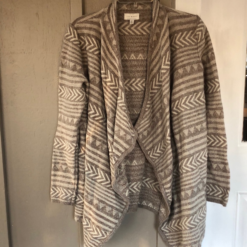 Lucky Brand Long Waterfall Open Cardigan Neutral Aztec 100% Cotton Womens Size S